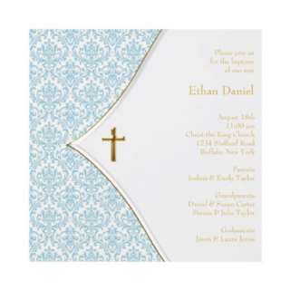 Blue Damask Cross Boy Baptism Christening Personalized Announcements 