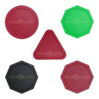 Air Hockey Pucks 1 Red Round, 3 Octagons Green, Red, Black, 1 Red 
