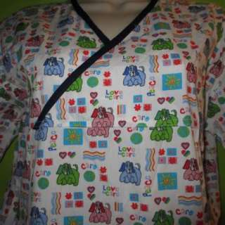 ADORABLE COLORFUL PUPPY DOGS Love to Care & Peace MEDICAL SCRUB TOP 