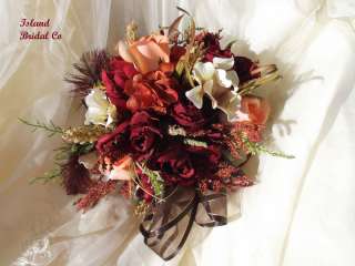 BRIDE WEDDING BOUQUET SILK FLOWERS Fall Red Roses 15pc  