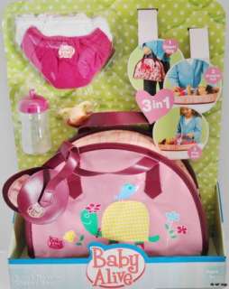 NEW BABY ALIVE 3 IN 1 DIAPER BAG FOR DOLL + CLOTH DIAPERS BOTTLE 