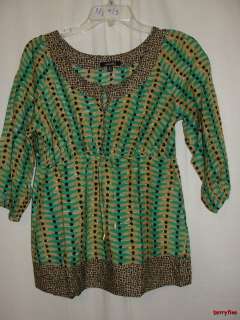   ~RAFAELLA Brown Green Scoop Neck 3/4 Sleeve Blouse Top Size S Small