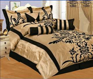 NEW Bed in a bag Black/ Taupe Flock Satin Comforter Set  