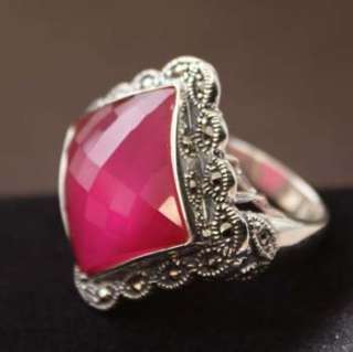 Large Sterling Marcasite Red corundum Art Deco Ring Size 7  