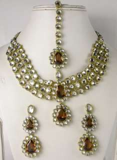 GOLD PLATED BROWN KUNDAN BRIDAL NECKLACE EARRING SET  
