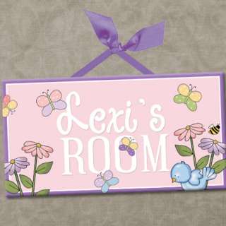 PERSONALIZED Kids Room Door Sign BUTTERFLY GARDEN   PINK FLOWERS Cute 