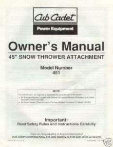 Cub Cadet 45 Snow Thrower attachment Manual # 451  