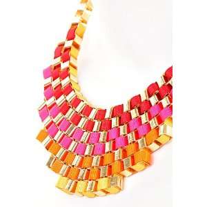   Goldtone Box Chain Red/Orange Fiber Chunky Necklace Set Jewelry