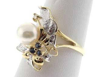 Cultured Pearl Sapphire Diamond 14k Gold Cocktail Ring  