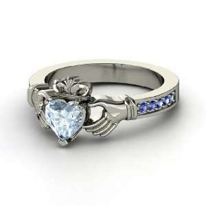  Claddagh Ring, Heart Aquamarine 14K White Gold Ring with 