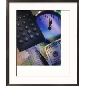 Calculator Over Clock, Spread Sheet and Money Framed Photographic 