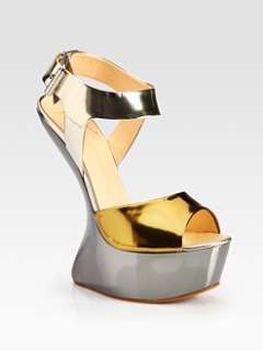 Giuseppe Zanotti   Metallic Patent Leather Curved Wedge Sandals