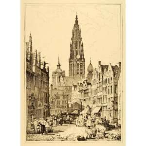 1915 Print Samuel Prout Art Antwerp Belgium Cathedral Our Lady Church 