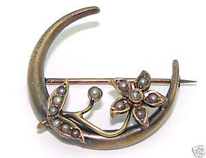   Victorian 14kt Yellow Gold Seed Pearl Crescent Flower Pin Brooch