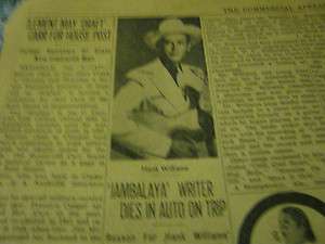Newspaper Article on Hank Williams SR from Commerical Appeal Jan.2 