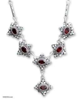 RED GARNET FLOWERS Sterling Silver NECKLACE Bali ART Necklaces 