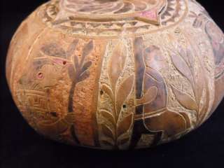 Vintage Carved Painted Gourd bowl RARE rustic peasant  