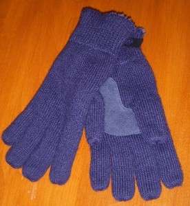 Ladies Navy KNIT Isotoner Stretch Gloves Suede Palm  
