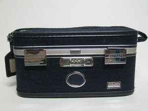   AMELIA EARHART Navy Blue Tweed Burlap Train Case Mirror Luggage Makeup