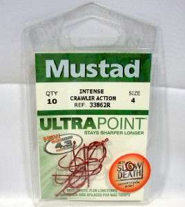 Package of 10 Size 4 Mustad Slow Death Red Ultra Point Fishing Hooks 