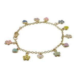   Yellow Gold Multi Color Enamel Heart and Flower Bracelet 6 in Jewelry