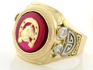 10K GOLD TWO TONE RUBY RED STONE HORSESHOE CZ MENS RING  