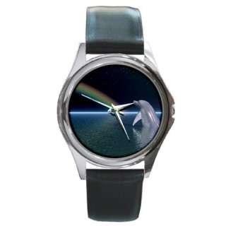 Dolphin Under The Rainbow Black Silver Leather Watch  