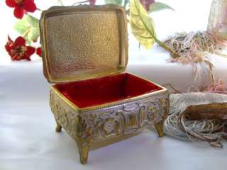 Vintage Metal Jewelry Trinket Box Porcelain Painted Top  