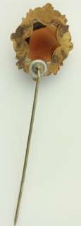 J482 ANTIQUE AMBER GLASS STONE STICK PIN DETAILED GOLD FRAME 