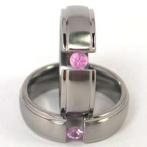   6mm Titanium Tension Set Ring, Pink Sapphire Bands, Free Sizing 4.5 11