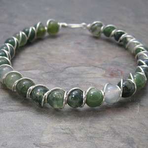 Moss Agate Beaded Sterling Silver Wire Wrapped Bracelet  
